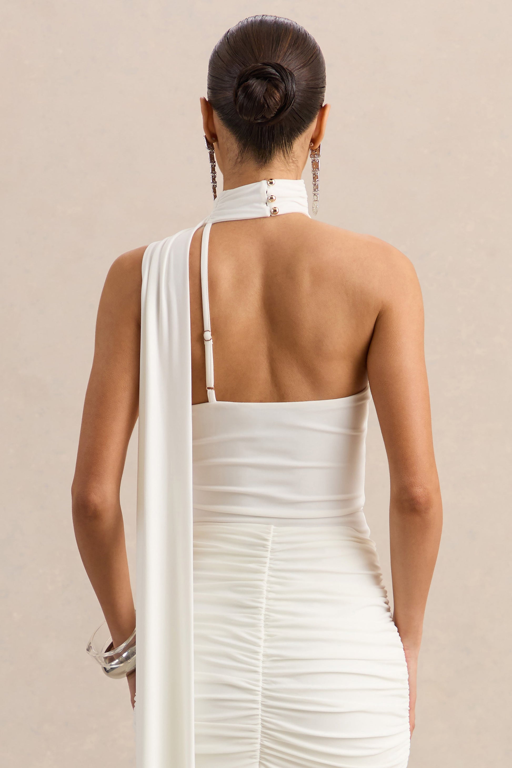 Jisella | White Asymmetric-Neck Thong Bodysuit With Scarf
