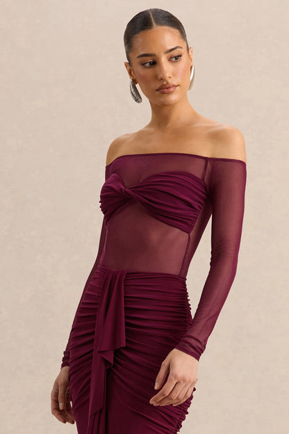 Maira | Burgundy Mesh Bardot-Neck Thong Bodysuit
