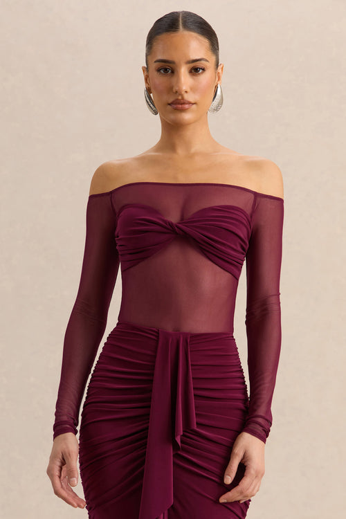 Maira | Burgundy Mesh Bardot-Neck Thong Bodysuit