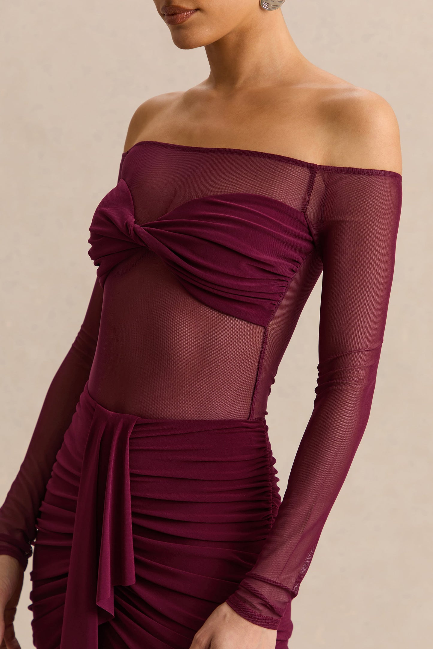 Maira | Burgundy Mesh Bardot-Neck Thong Bodysuit
