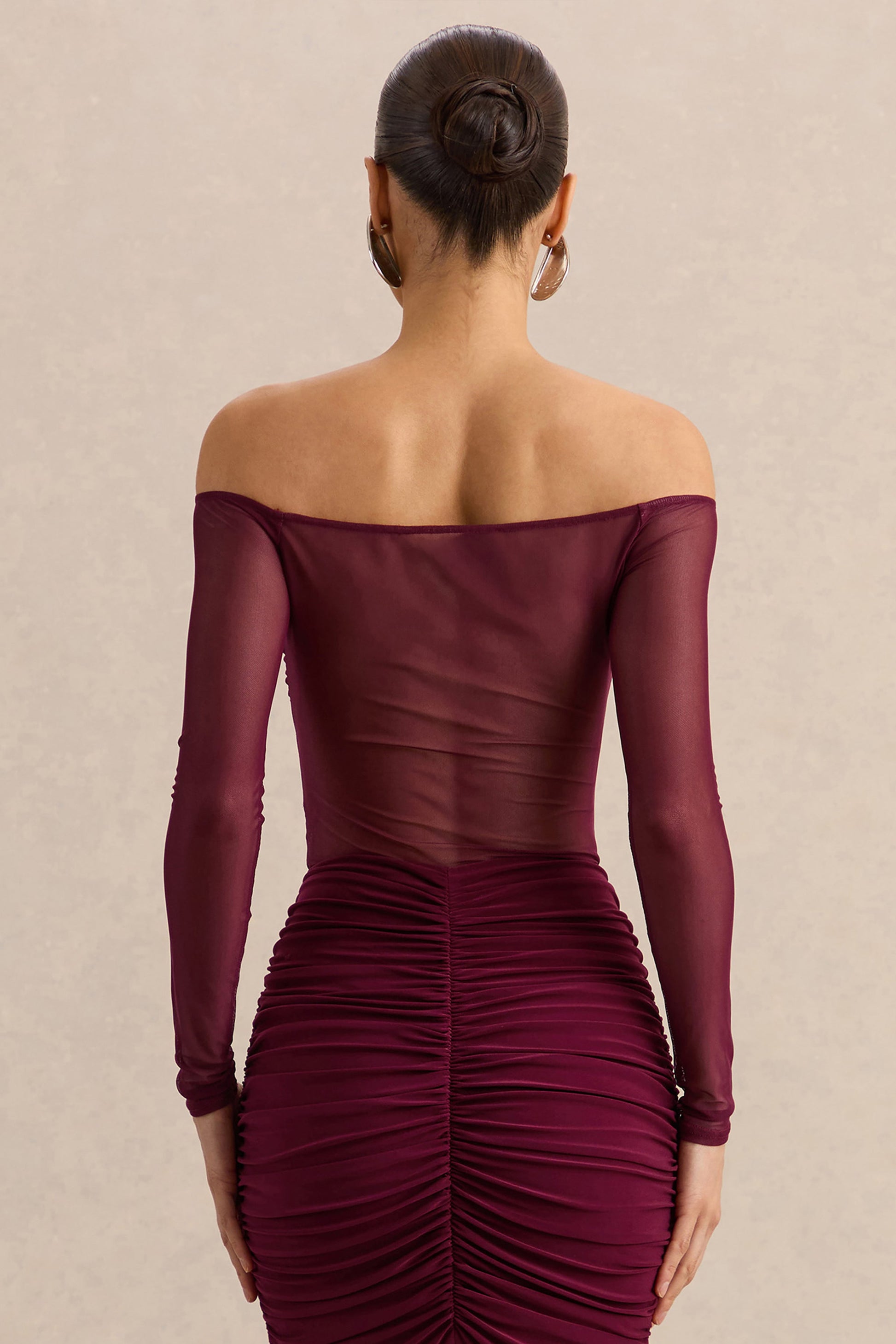 Maira | Burgundy Mesh Bardot-Neck Thong Bodysuit