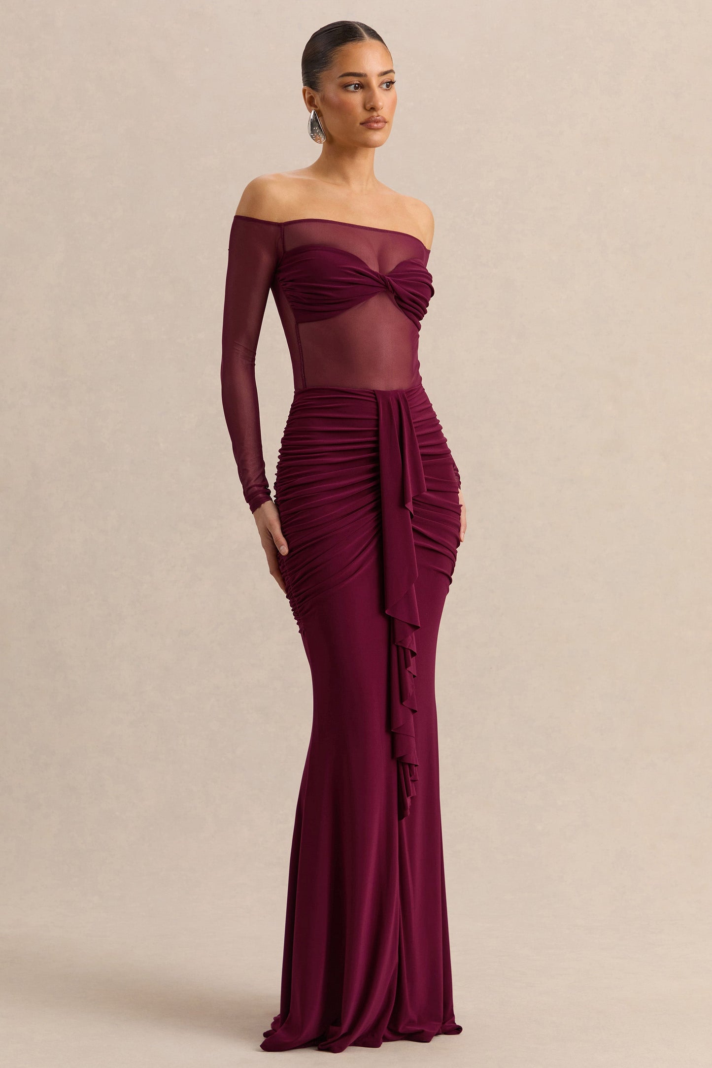 Maira | Burgundy Mesh Bardot-Neck Thong Bodysuit