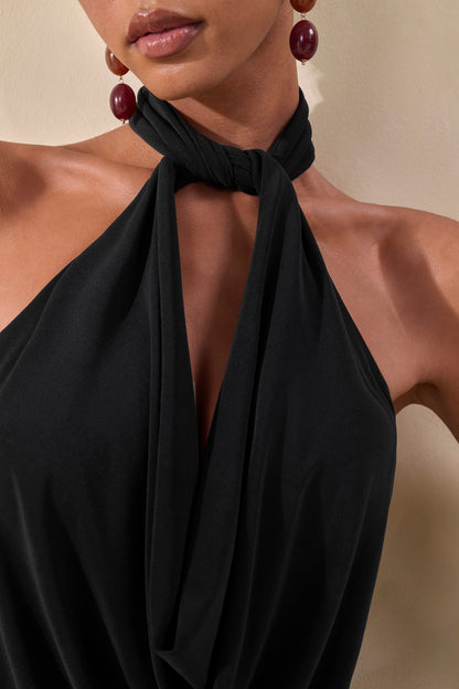 Loella | Black Tied Extreme Plunge Cowl-Neck Thong Bodysuit