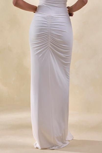 Idris | White Twisted Waist Maxi Skirt With Front Split