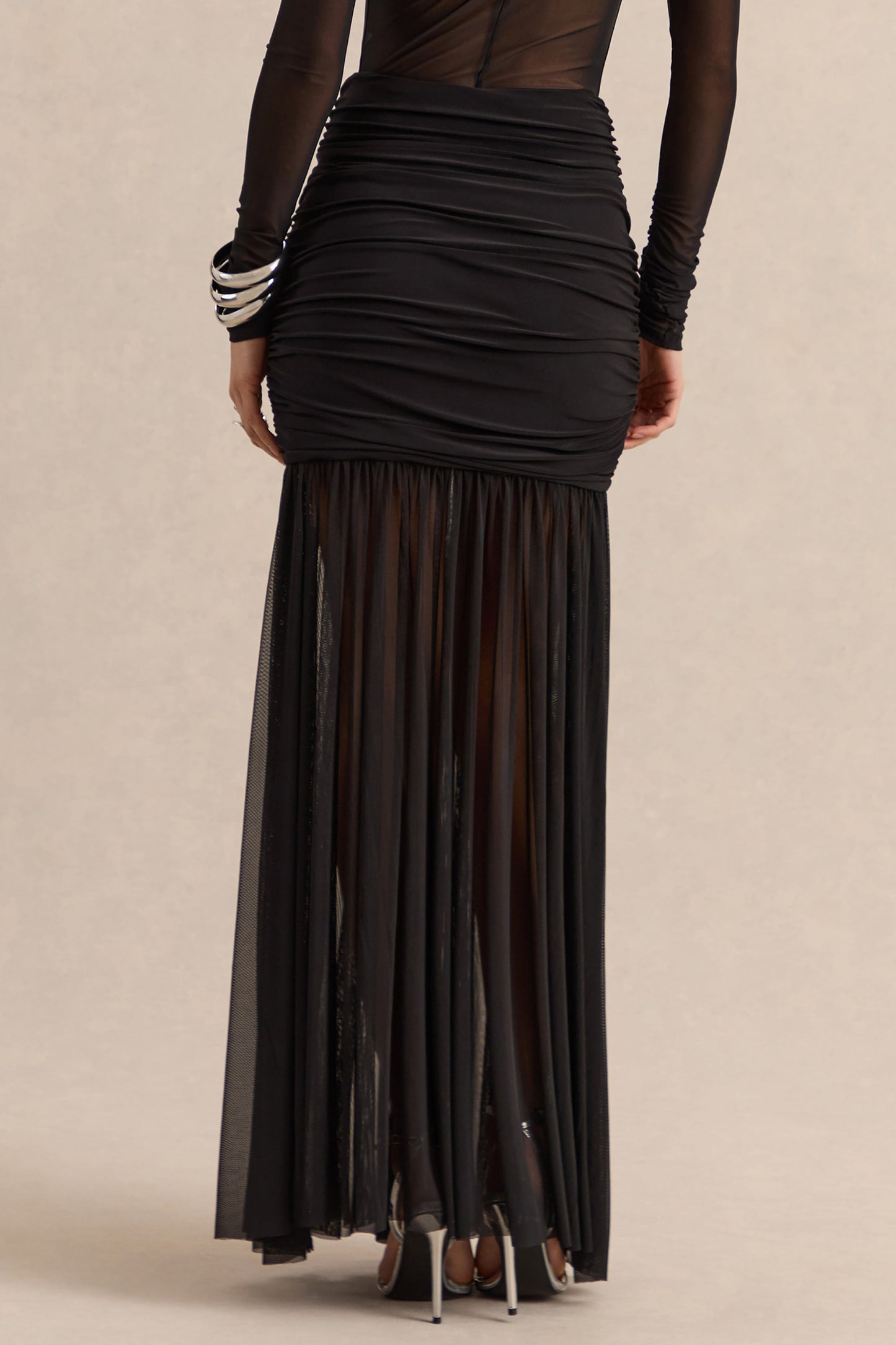 Kallie | Black Twisted Waist Mesh Maxi Skirt