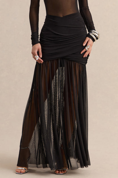 Kallie | Black Twisted Waist Mesh Maxi Skirt