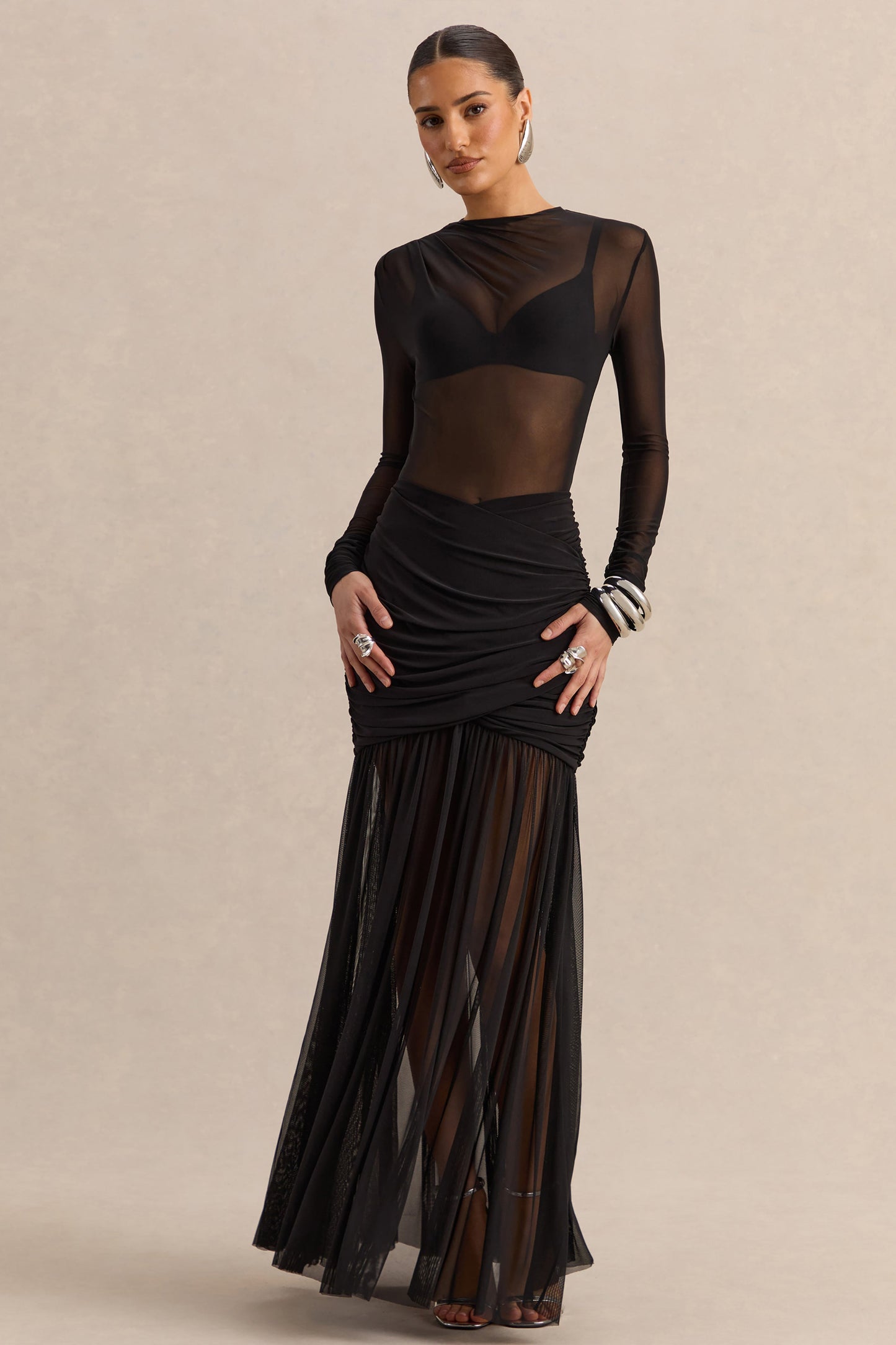 Kallie | Black Twisted Waist Mesh Maxi Skirt