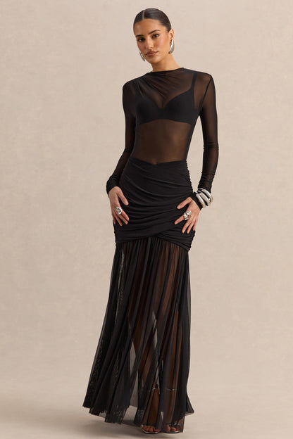 Kallie | Black Twisted Waist Mesh Maxi Skirt