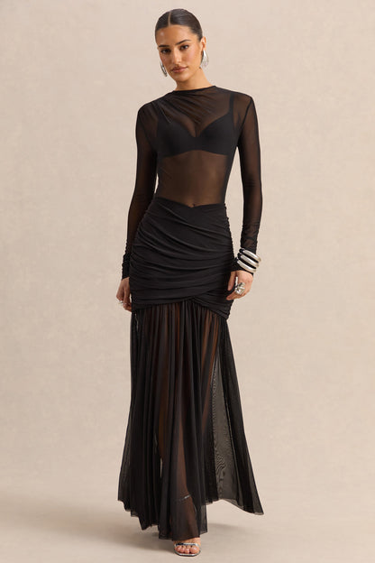 Kallie | Black Twisted Waist Mesh Maxi Skirt