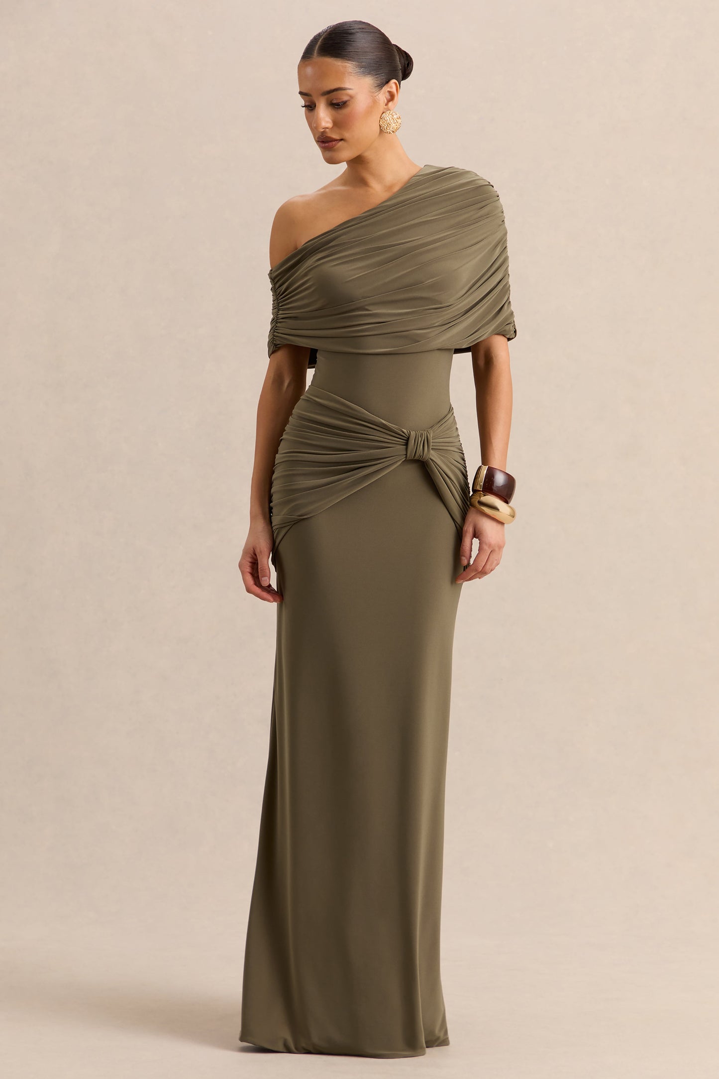 Afiya | Khaki Twisted Waist Maxi Skirt with Knot Detailing
