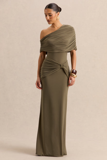 Afiya | Khaki Twisted Waist Maxi Skirt with Knot Detailing