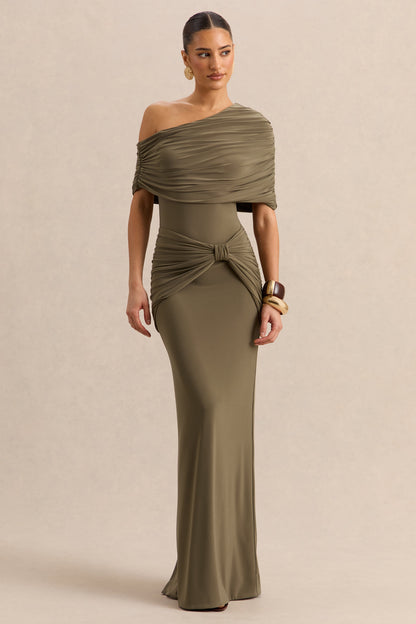 Afiya | Khaki Twisted Waist Maxi Skirt with Knot Detailing