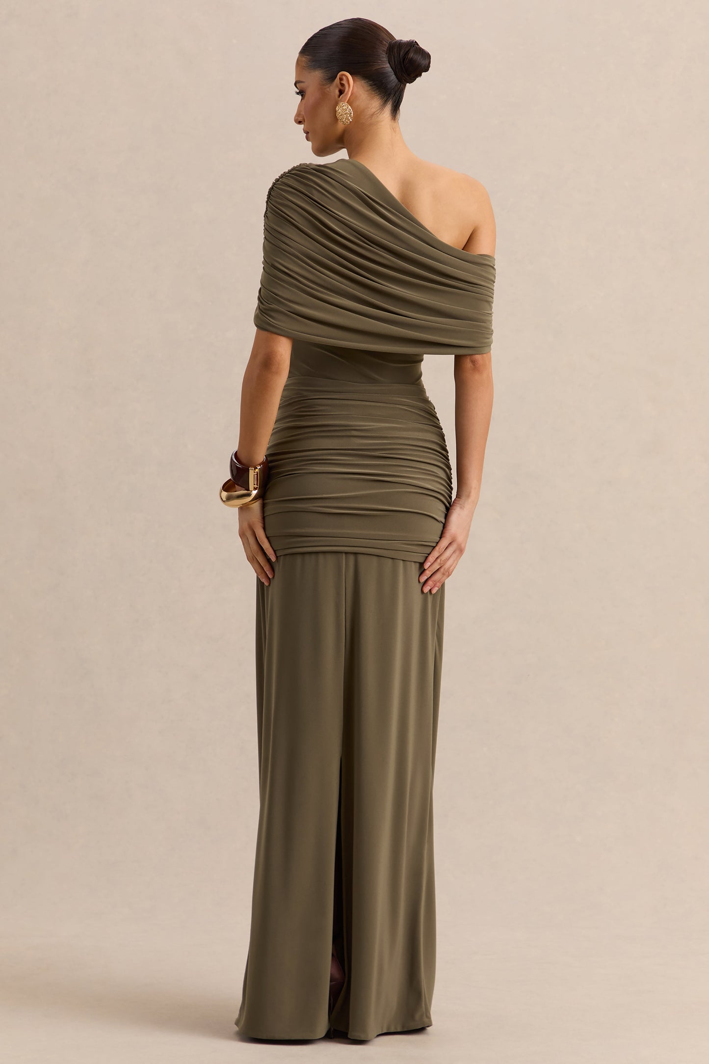 Afiya | Khaki Twisted Waist Maxi Skirt with Knot Detailing