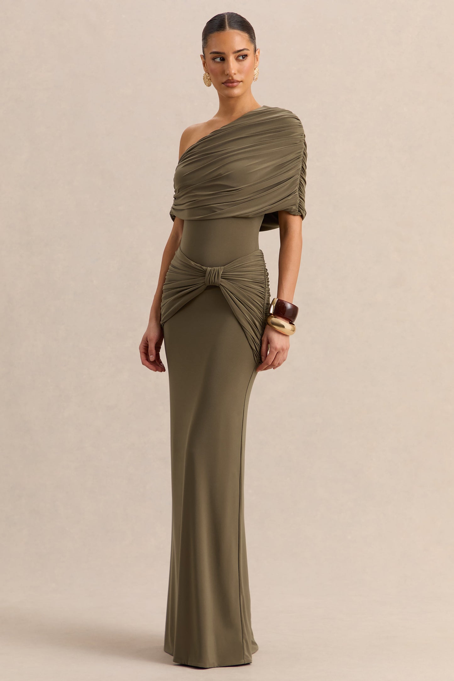 Afiya | Khaki Twisted Waist Maxi Skirt with Knot Detailing