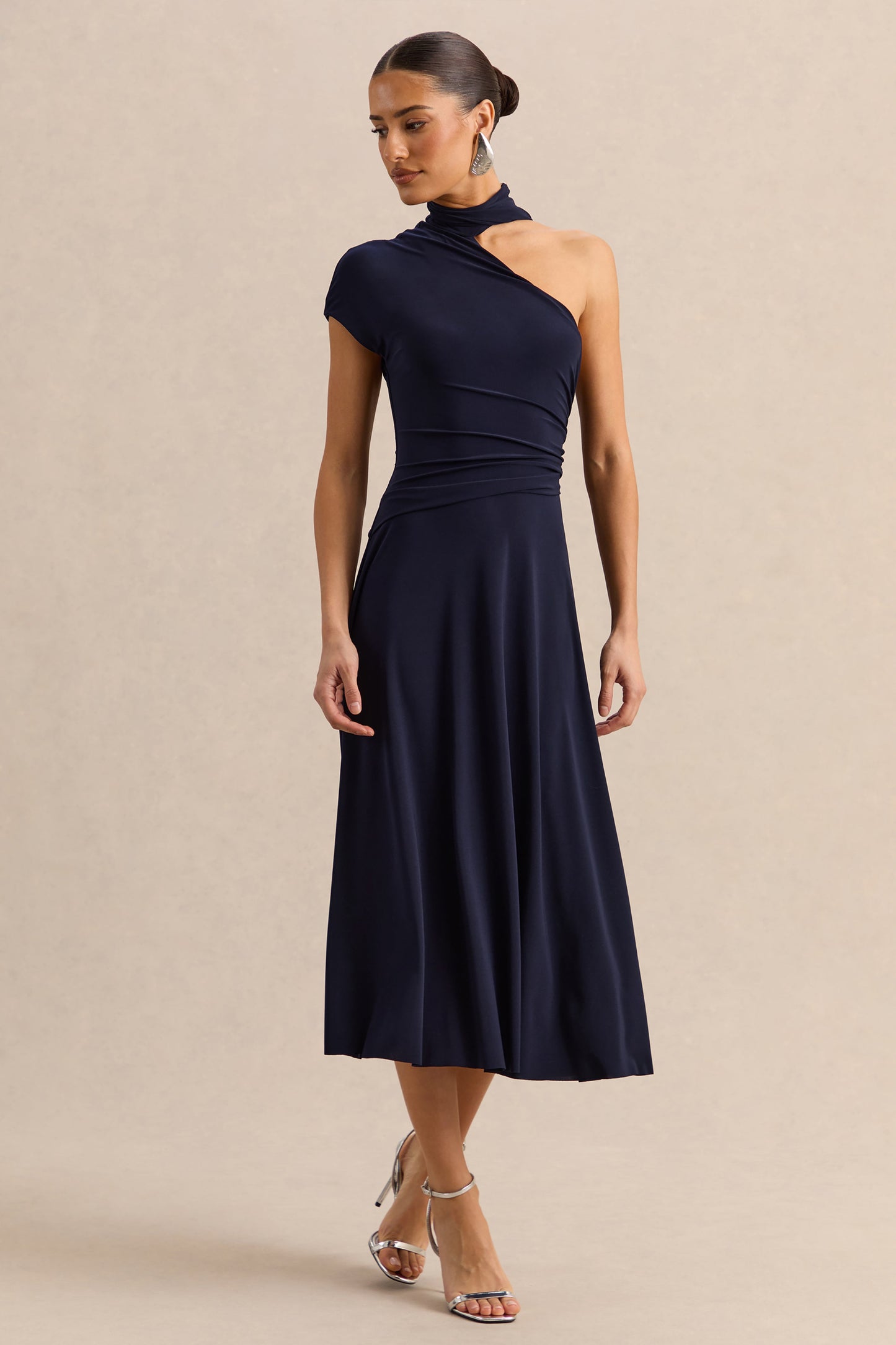 Lythara | Navy Asymmetric-Neck Midi Dress With Scarf-Detail