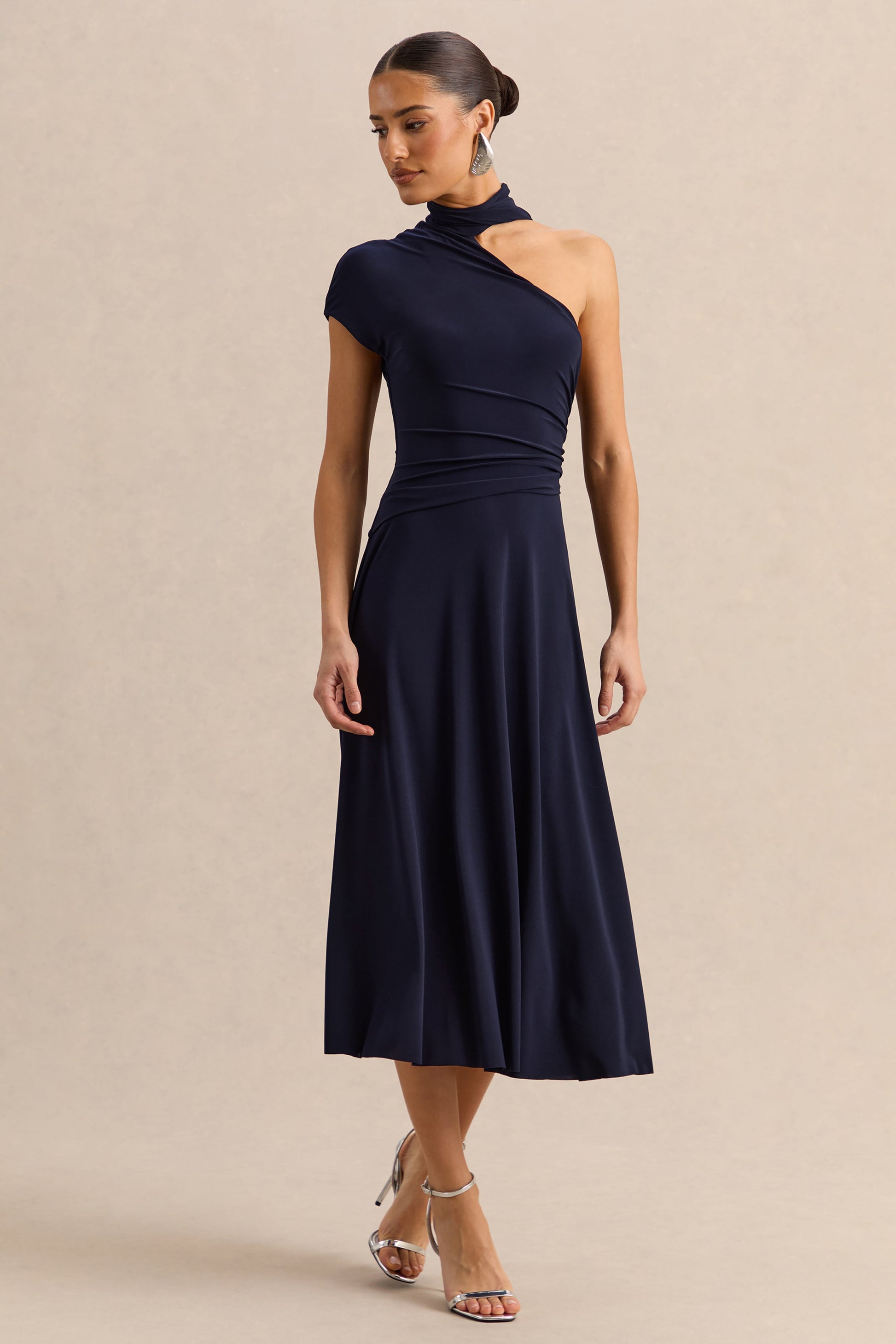 Lythara | Navy Asymmetric-Neck Midi Dress With Scarf-Detail