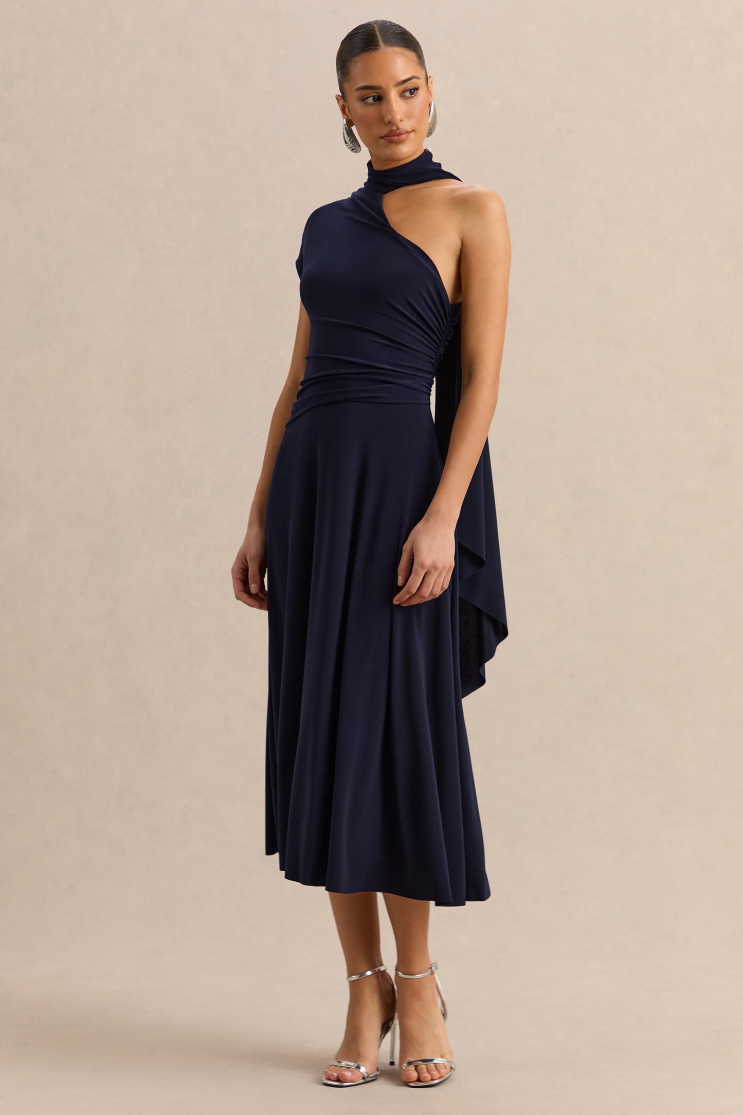 Lythara | Navy Asymmetric-Neck Midi Dress With Scarf-Detail