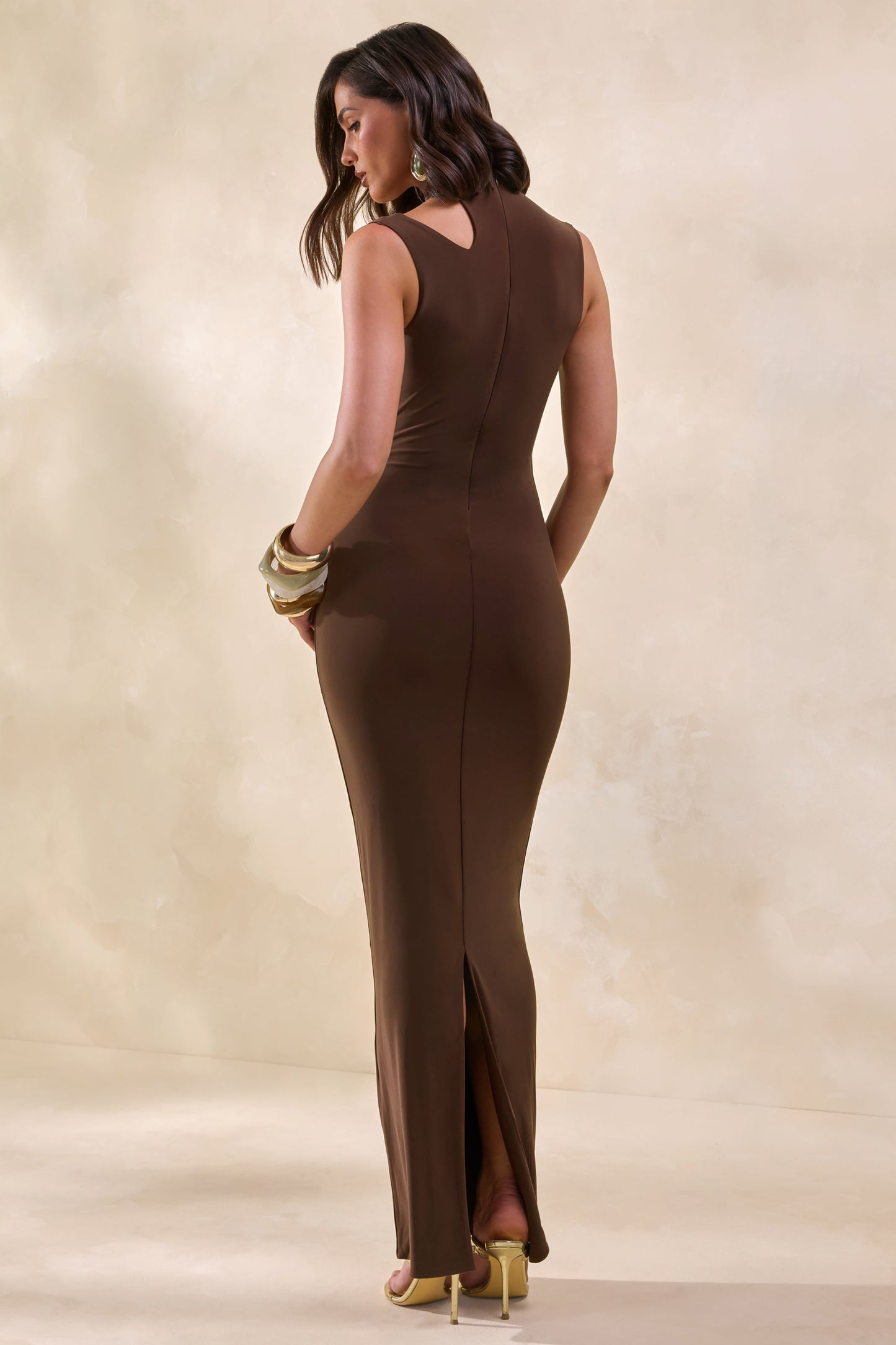 Cyrilla | Brown High-Neck Maxi Dress With Gold-Detail