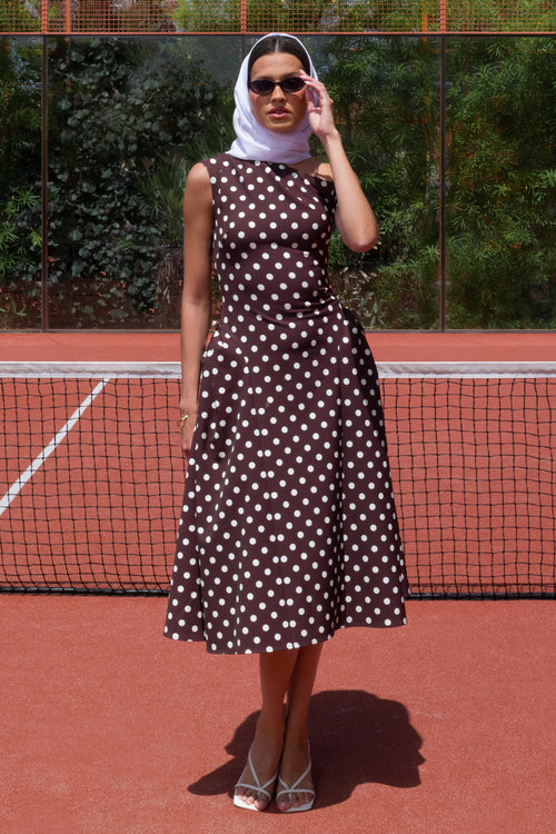 Celosia | Brown Polka-Dot Asymmetric-Neck Midi Dress With Gold-Detailing