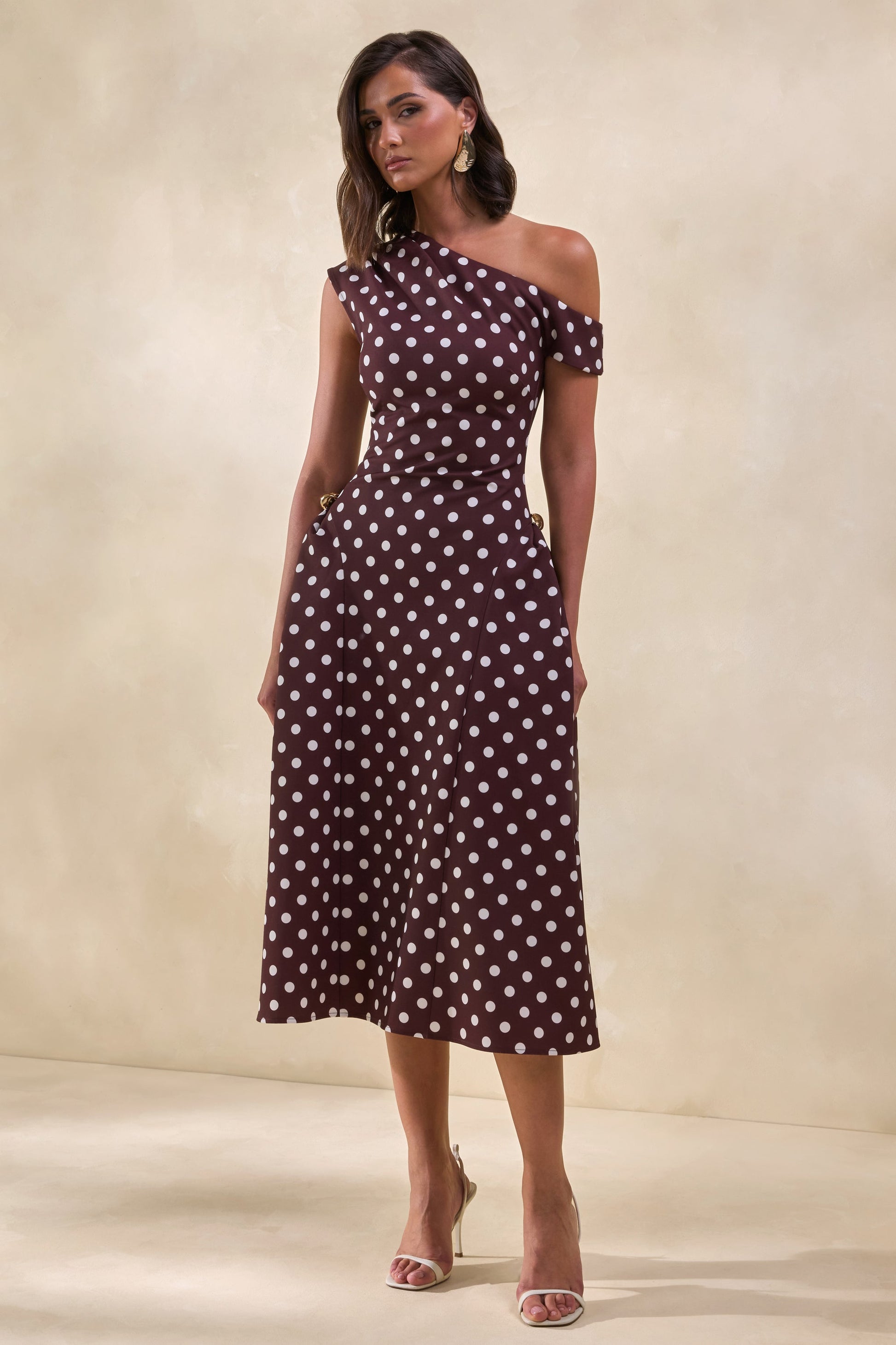 Celosia | Brown Polka-Dot Asymmetric-Neck Midi Dress With Gold-Detailing