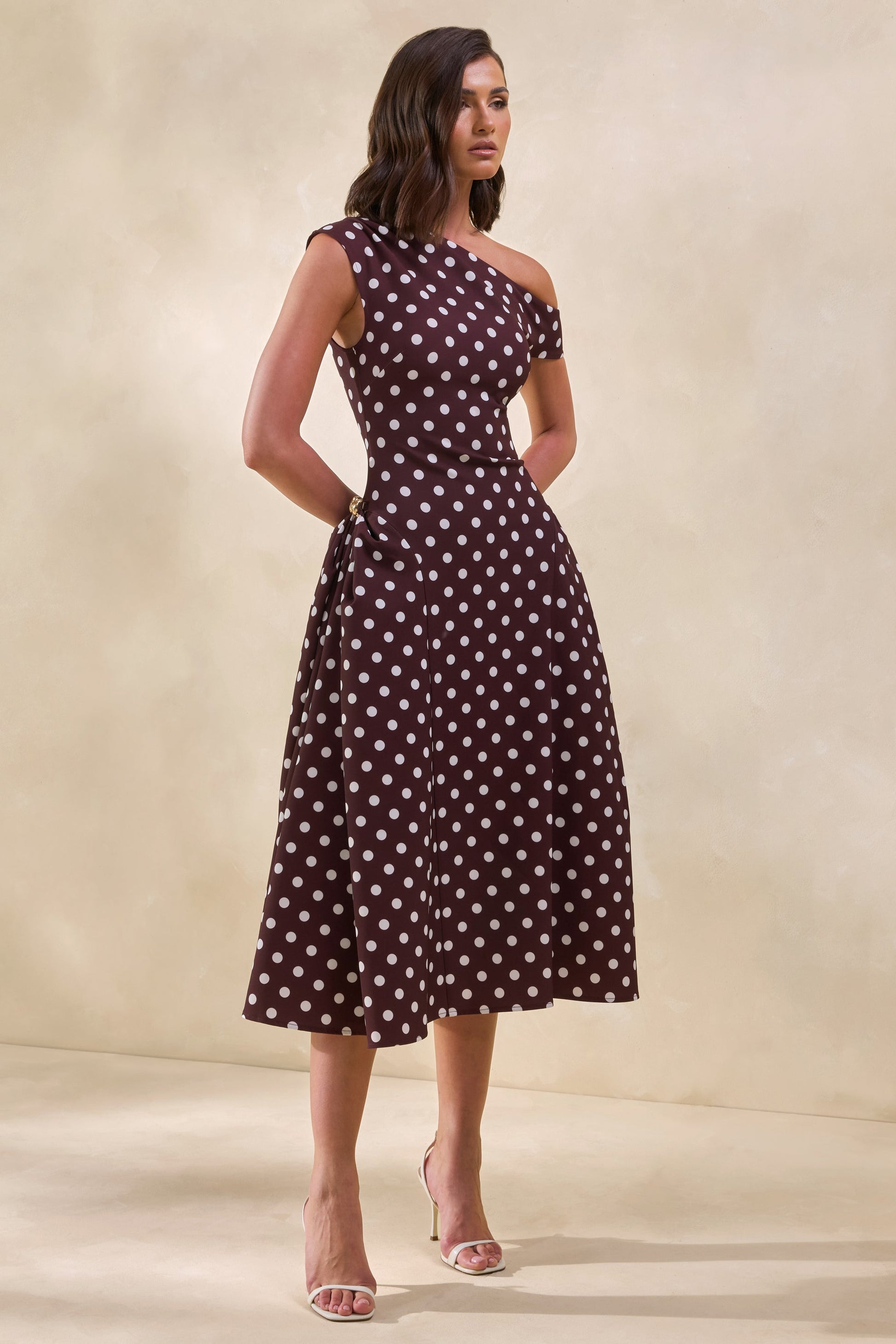 Celosia | Brown Polka-Dot Asymmetric-Neck Midi Dress With Gold-Detailing