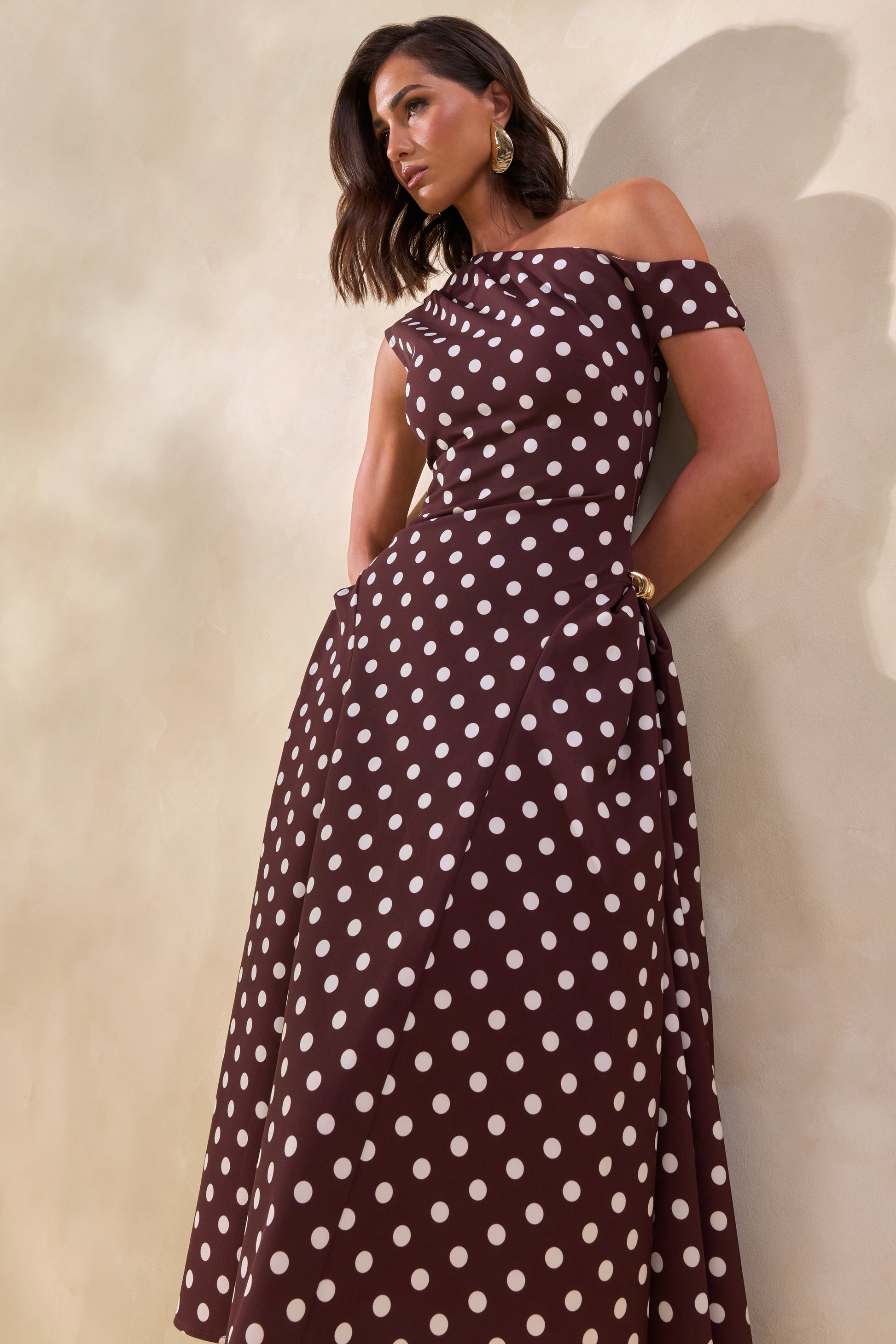 Celosia | Brown Polka-Dot Asymmetric-Neck Midi Dress With Gold-Detailing