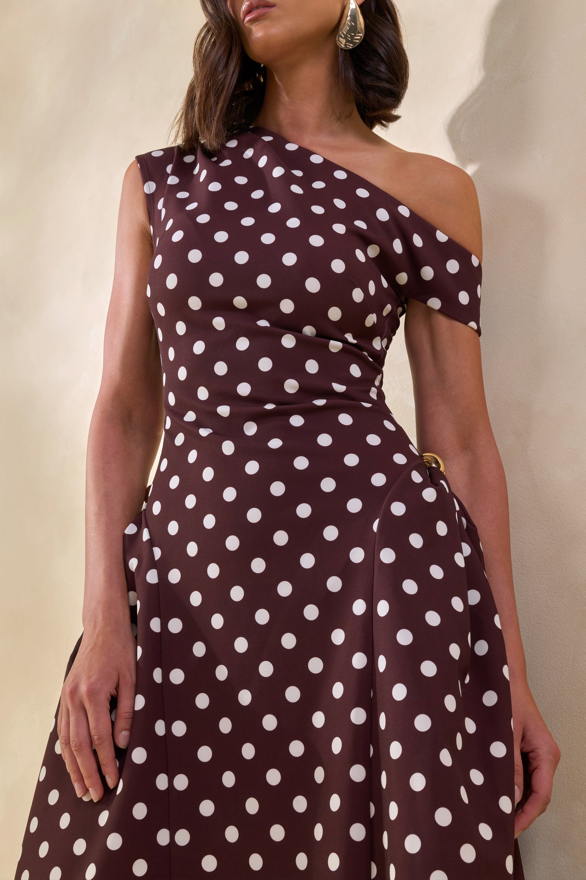 Celosia | Brown Polka-Dot Asymmetric-Neck Midi Dress With Gold-Detailing