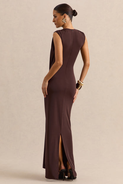 Blythia | Brown Round-Neck Maxi Dress With Gathered-Detailing