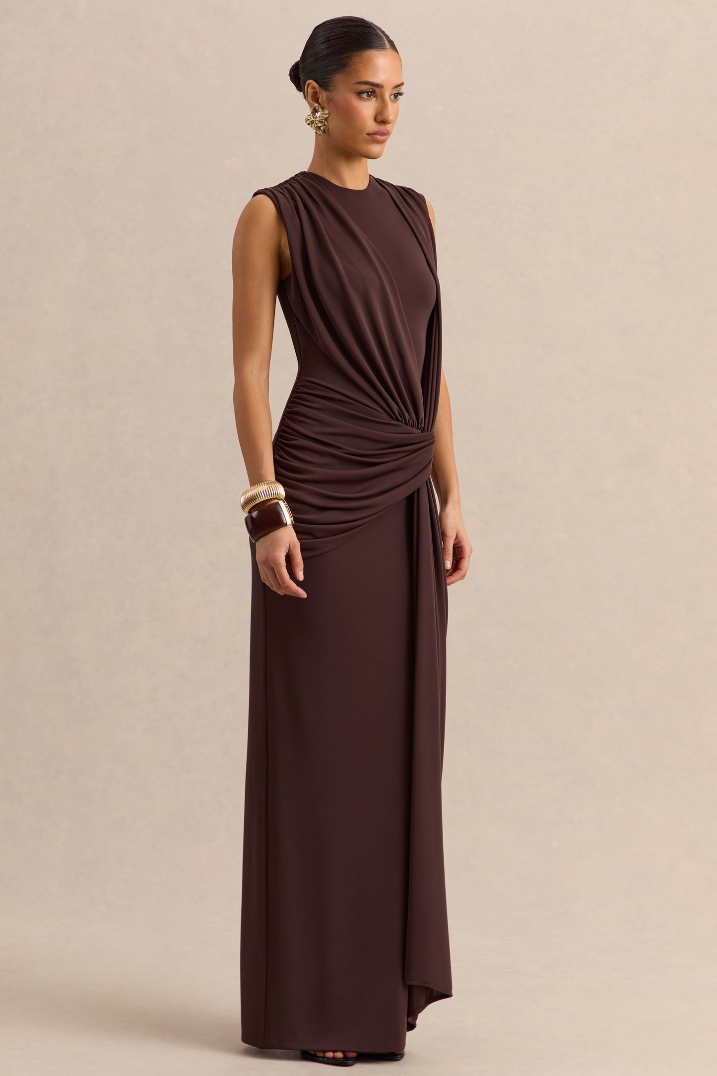 Blythia | Brown Round-Neck Maxi Dress With Gathered-Detailing
