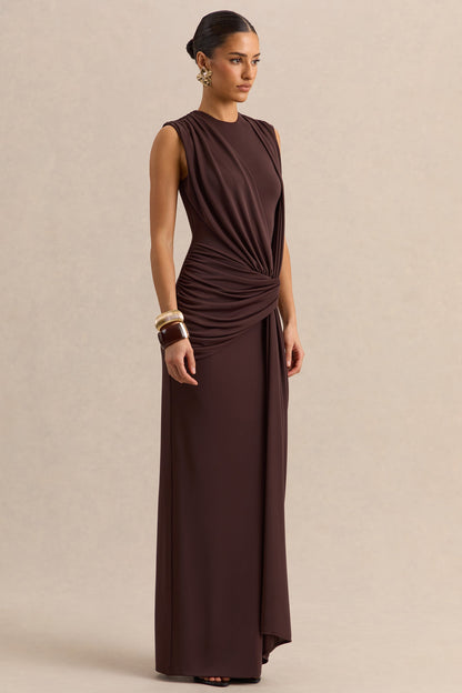 Blythia | Brown Round-Neck Maxi Dress With Gathered-Detailing