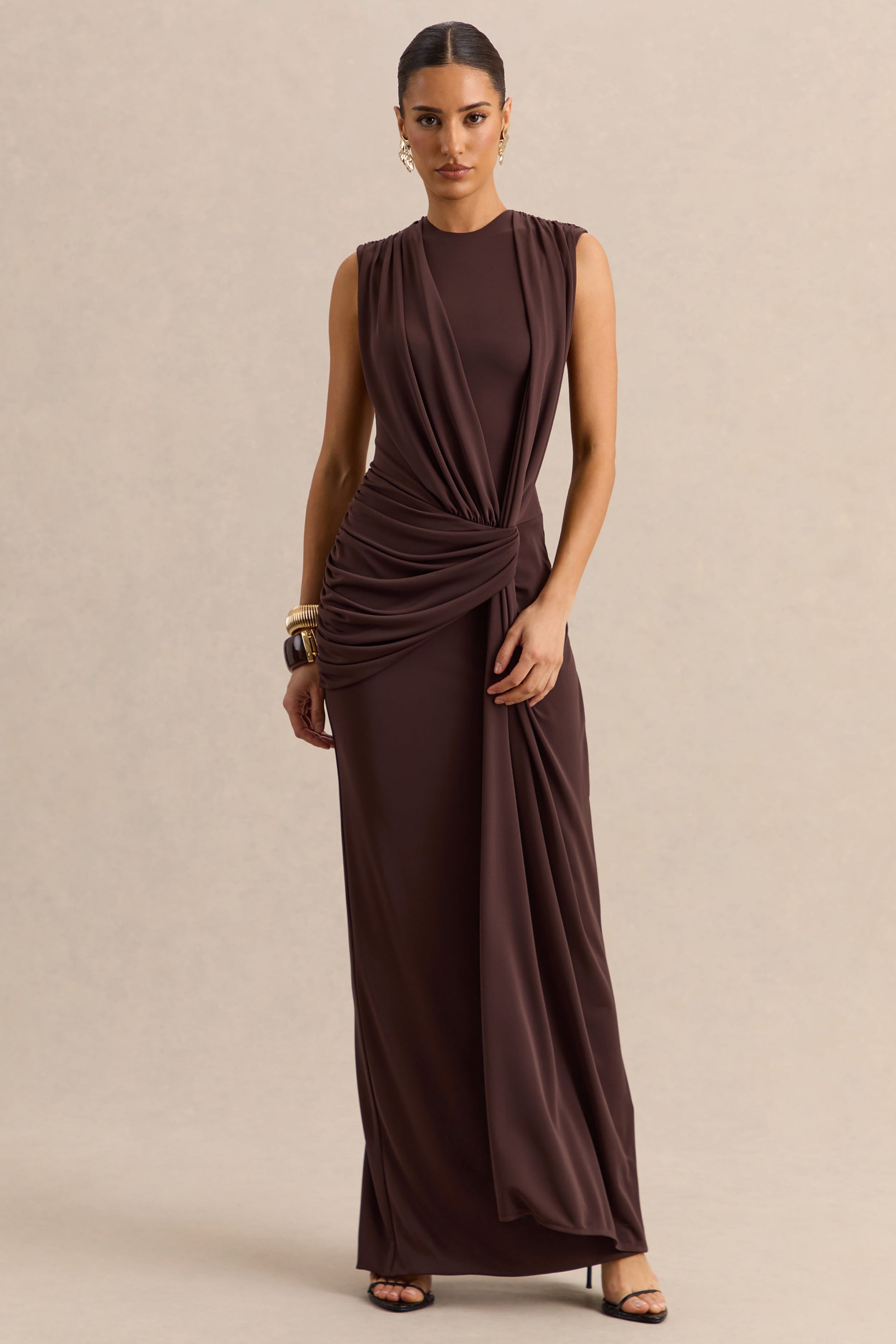 Blythia | Brown Round-Neck Maxi Dress With Gathered-Detailing
