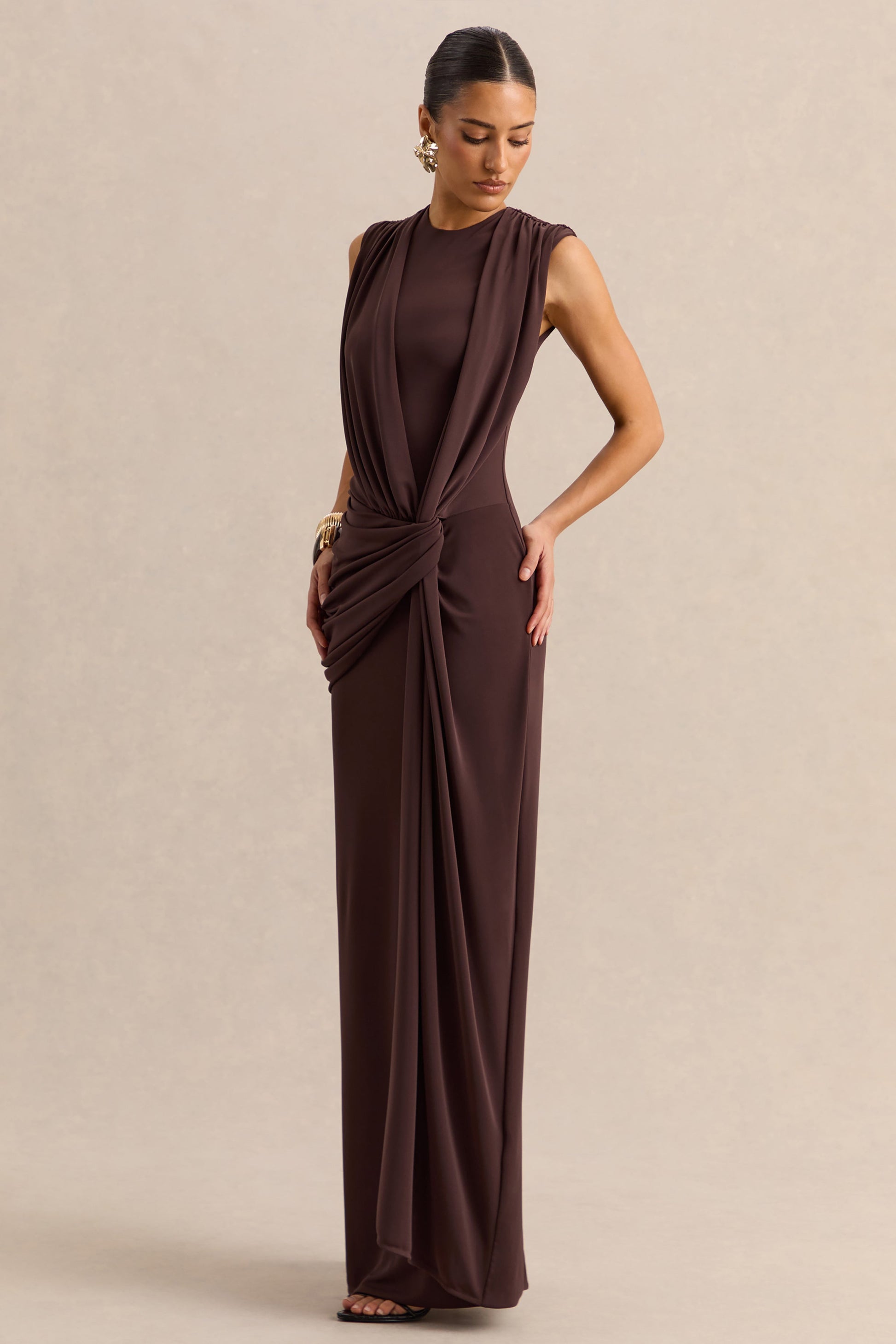 Blythia | Brown Round-Neck Maxi Dress With Gathered-Detailing