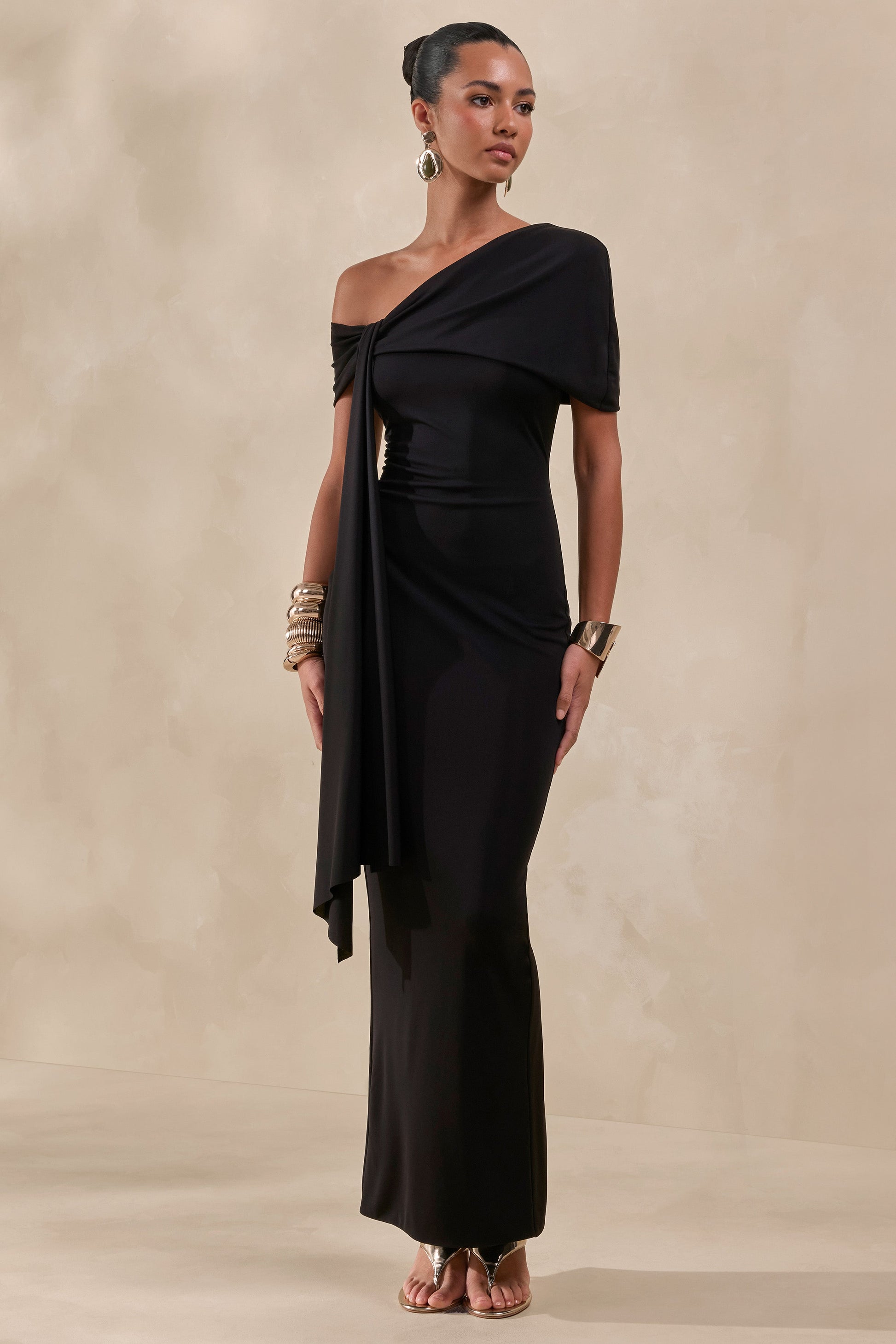 Esalina | Black Asymmetric-Neck Maxi Dress With Sash