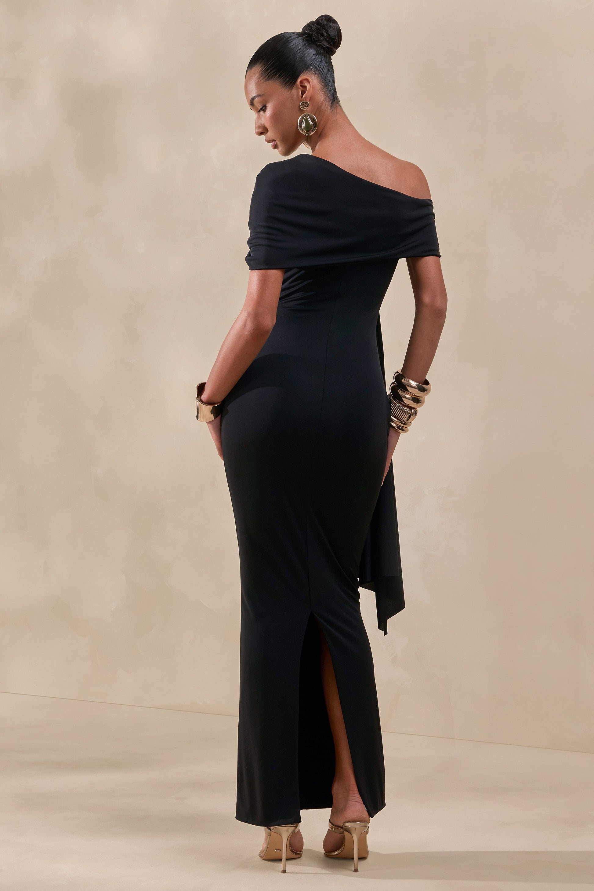 Esalina | Black Asymmetric-Neck Maxi Dress With Sash