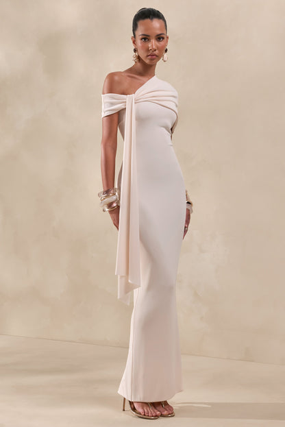 Esalina | Cream Asymmetric-Neck Maxi Dress With Sash