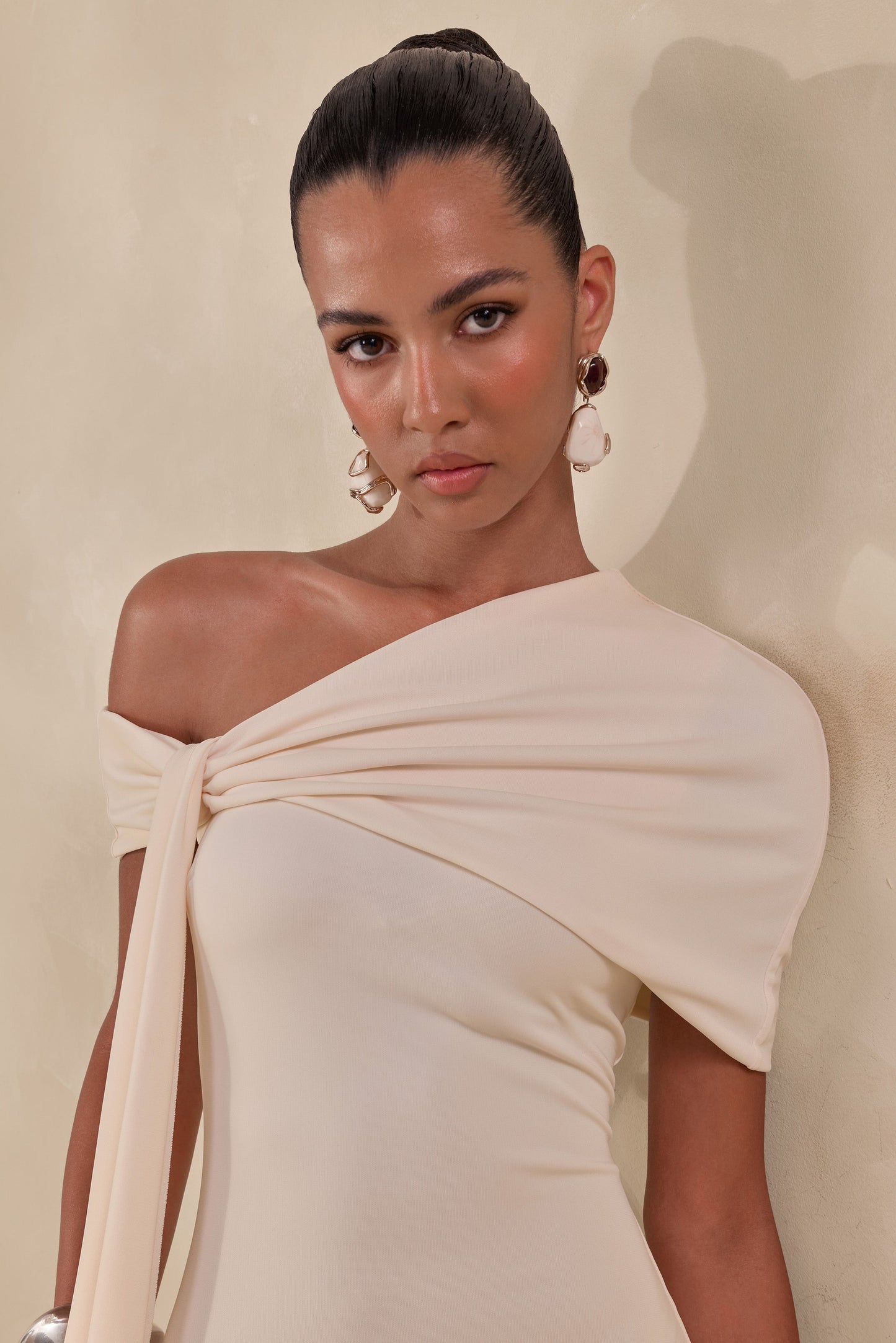 Esalina | Cream Asymmetric-Neck Maxi Dress With Sash