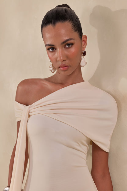 Esalina | Cream Asymmetric-Neck Maxi Dress With Sash