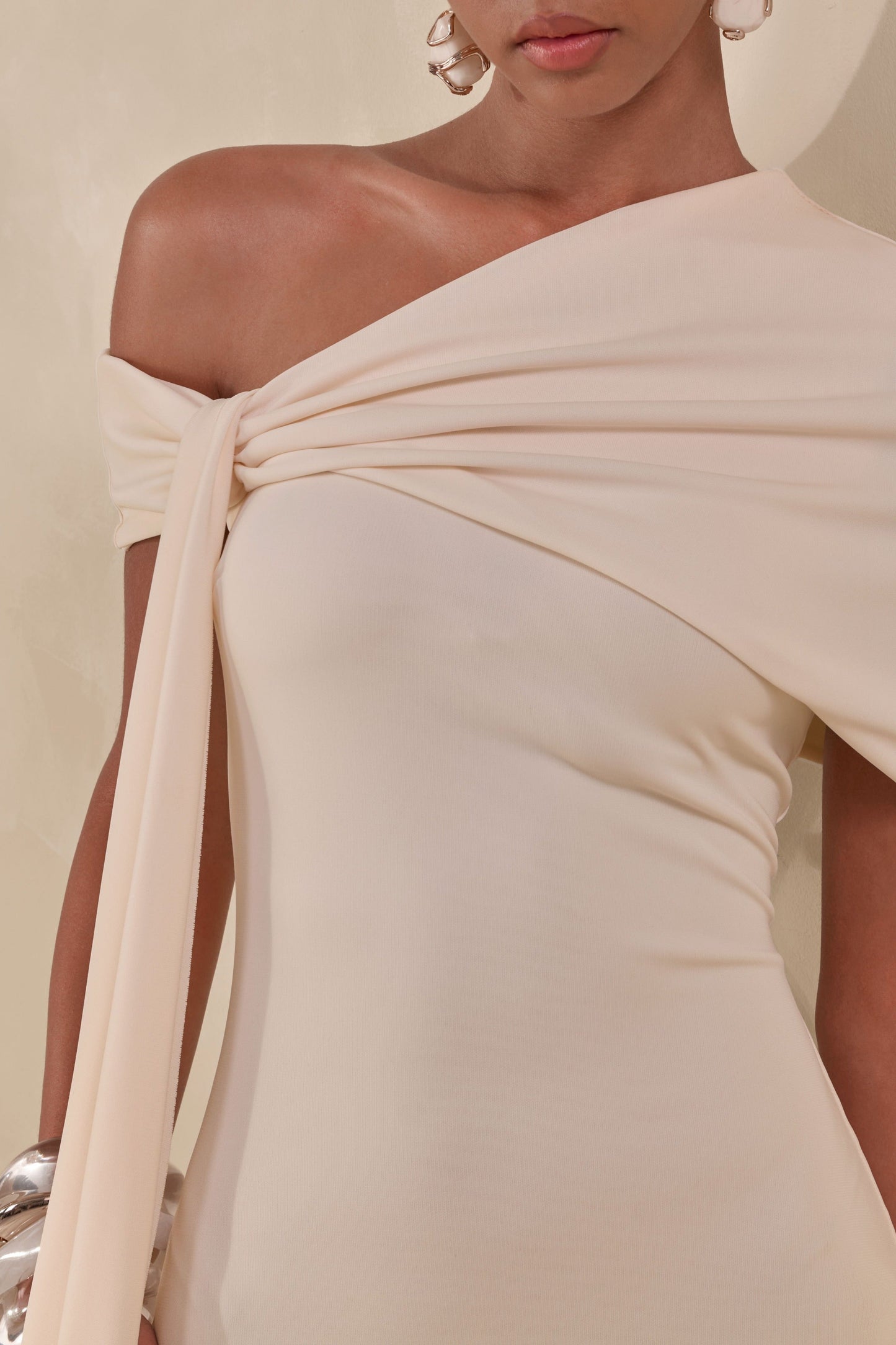 Esalina | Cream Asymmetric-Neck Maxi Dress With Sash