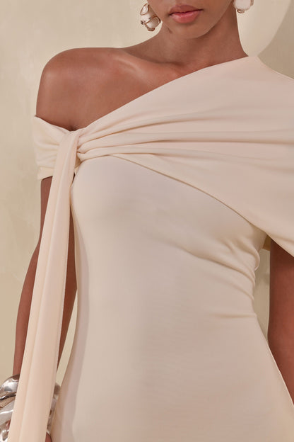 Esalina | Cream Asymmetric-Neck Maxi Dress With Sash