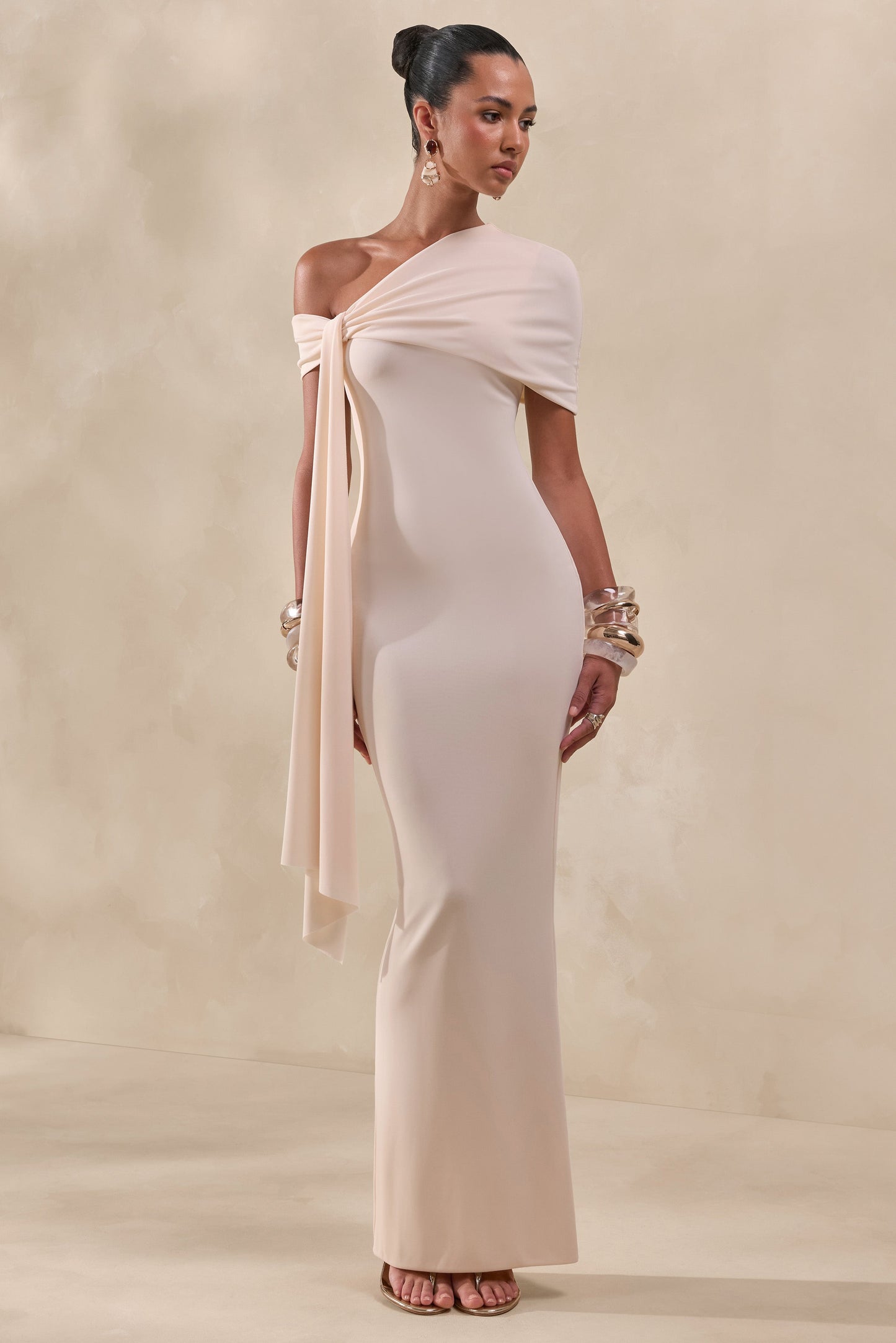 Esalina | Cream Asymmetric-Neck Maxi Dress With Sash