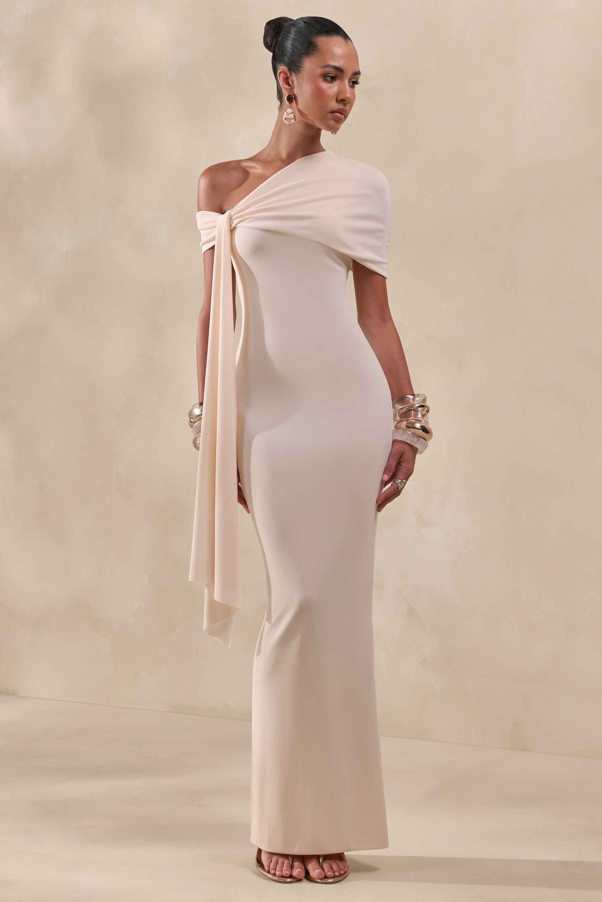Esalina | Cream Asymmetric-Neck Maxi Dress With Sash