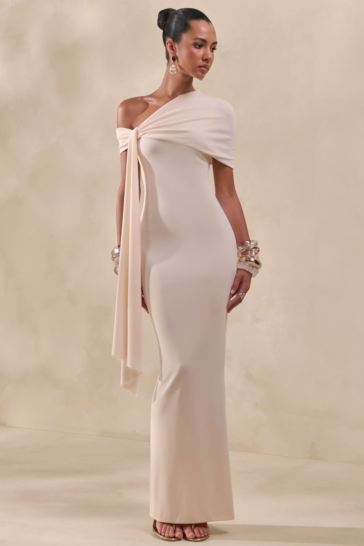 Esalina | Cream Asymmetric-Neck Maxi Dress With Sash