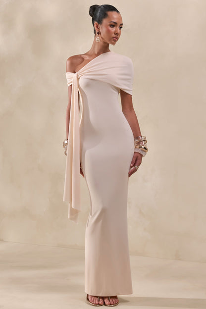 Esalina | Cream Asymmetric-Neck Maxi Dress With Sash
