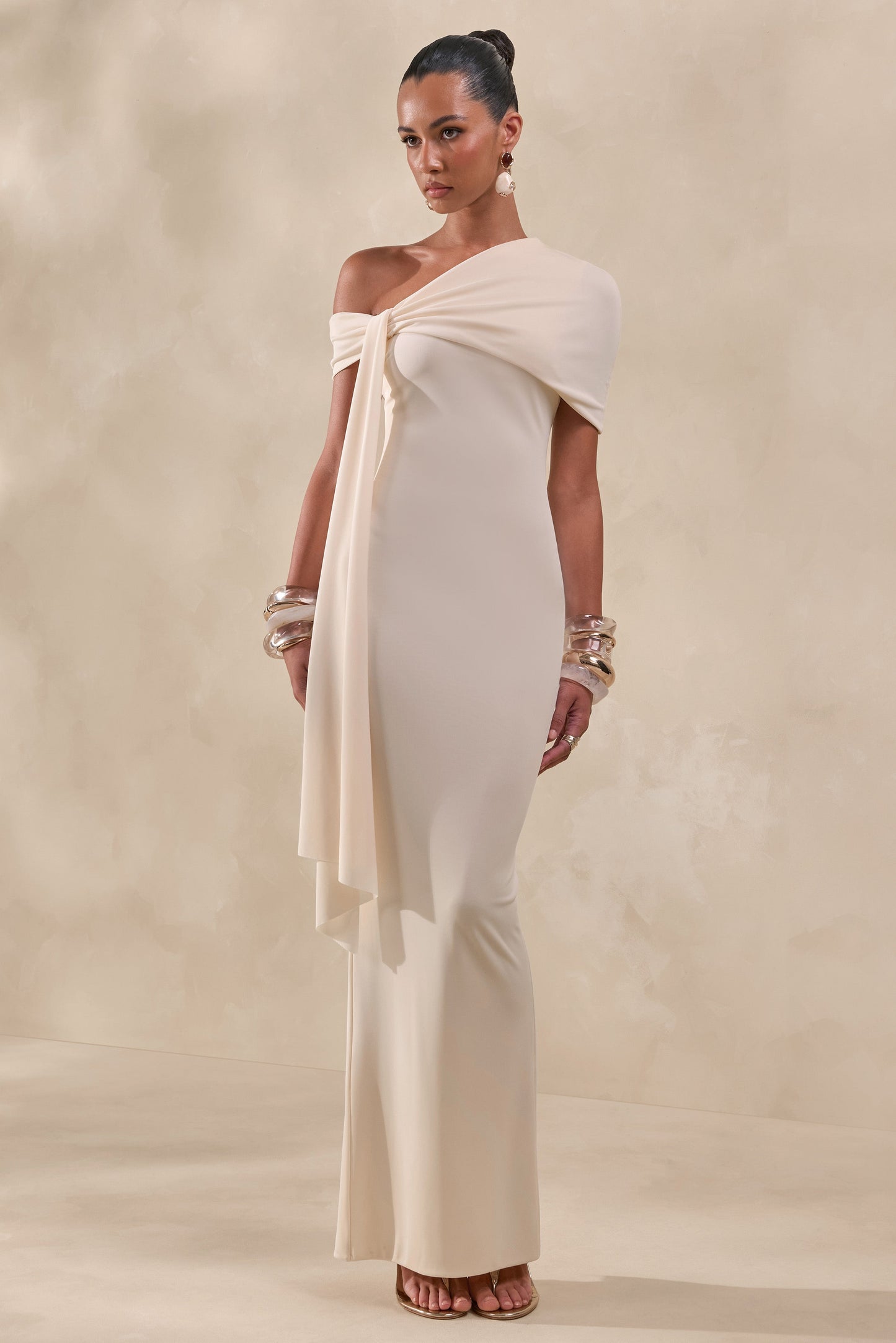 Esalina | Cream Asymmetric-Neck Maxi Dress With Sash