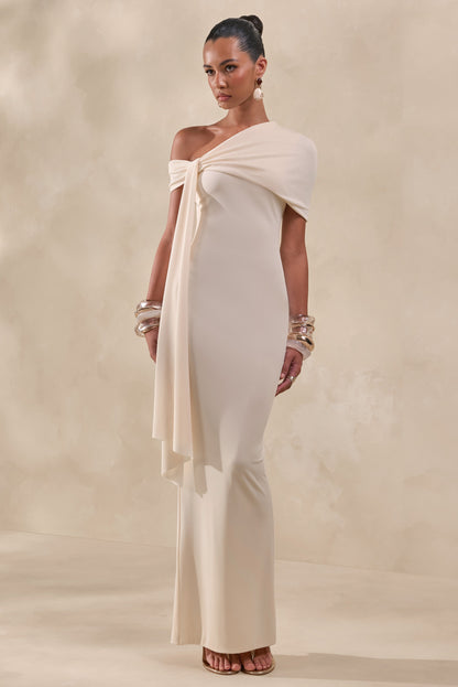 Esalina | Cream Asymmetric-Neck Maxi Dress With Sash