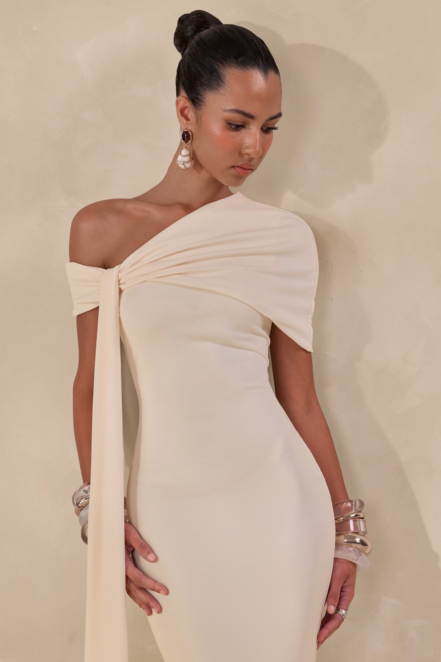 Esalina | Cream Asymmetric-Neck Maxi Dress With Sash