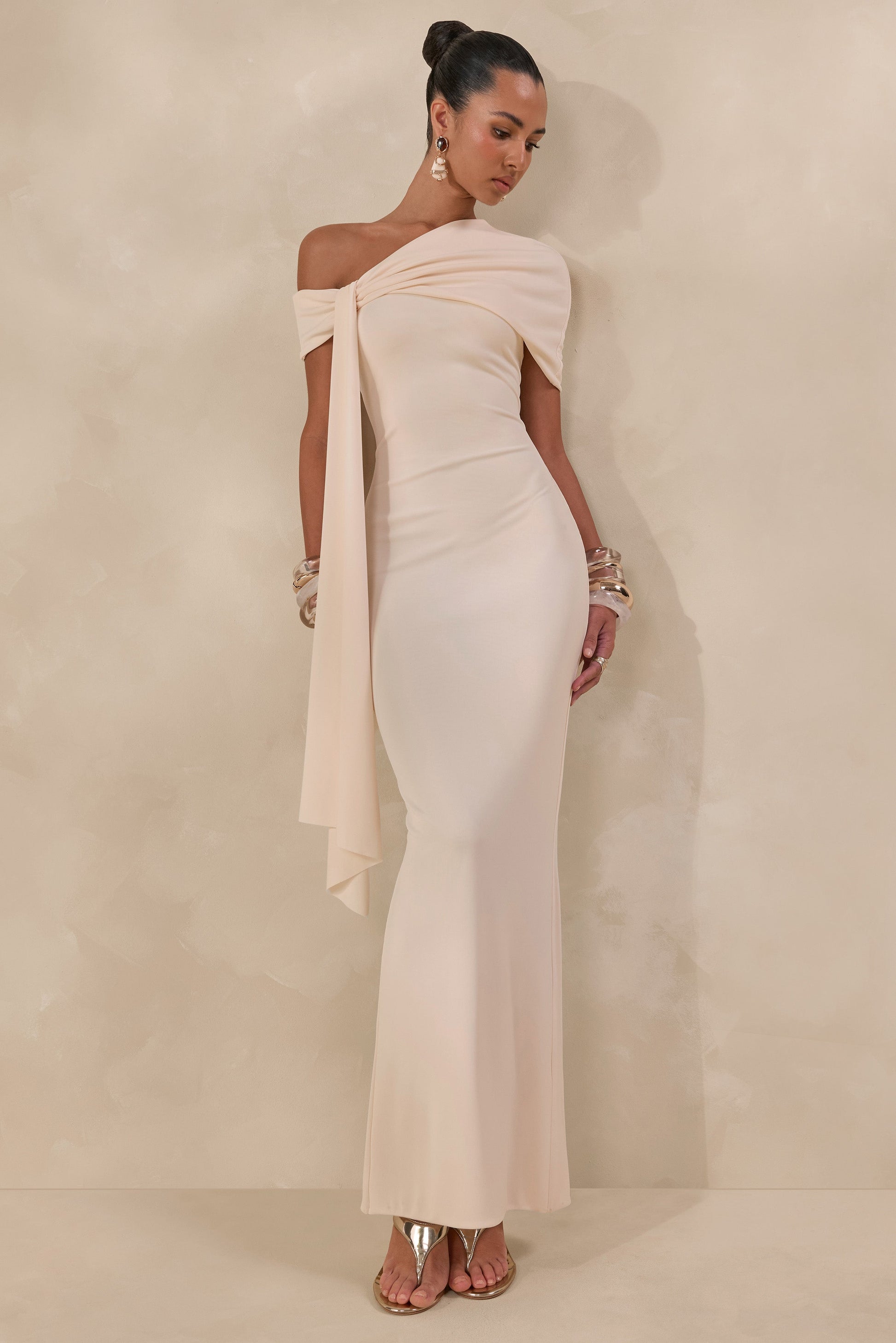 Esalina | Cream Asymmetric-Neck Maxi Dress With Sash