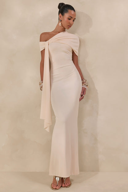 Esalina | Cream Asymmetric-Neck Maxi Dress With Sash
