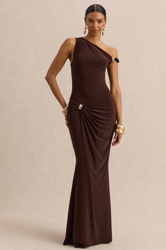 Caelia | Brown Asymmetric-Neck Maxi Dress With Gold-Detailing And Sash