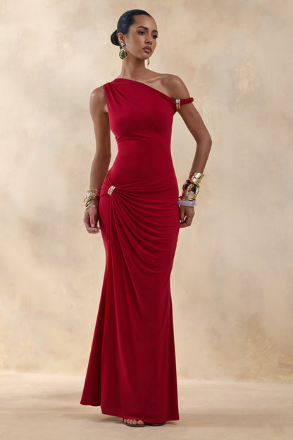 Caelia | Red Asymmetric-Neck Maxi Dress With Gold-Detailing And Sash